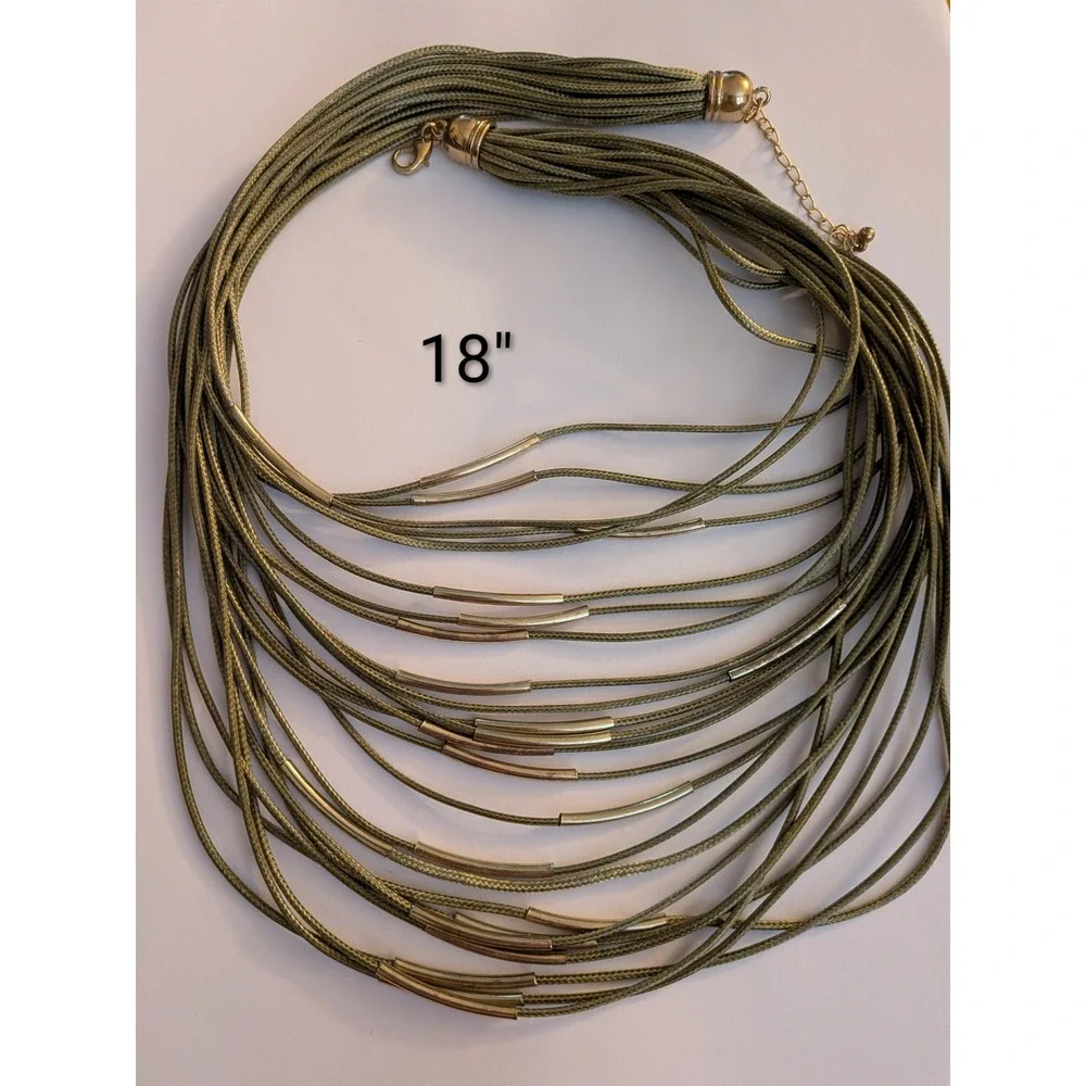 Olive Green Multi Strand Cord Statement Necklace Gold Tone Tube Accents 18 inch